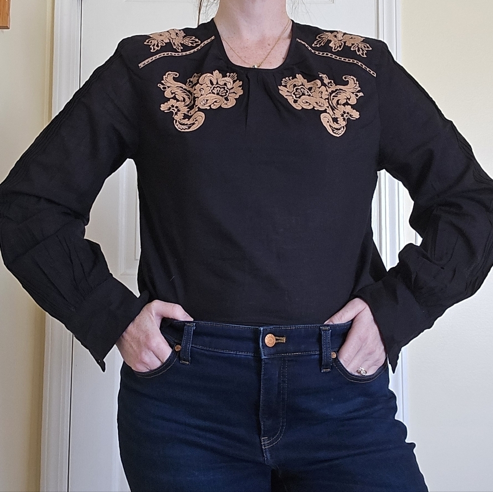 St Roche MORTIMER TOP Black Embroidered Hand Loom Cotton New